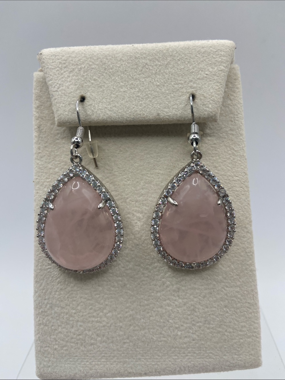 Genuine Rose Quartz Simulated Diamond Silver Tone Teardrop Earrings Pierced New
